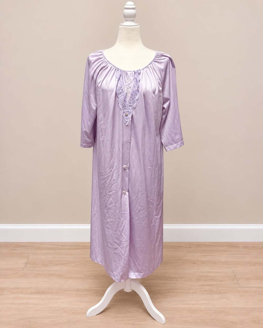 Vintage Shadowline Lavender Nylon Long Sleeve Lace Nightgown